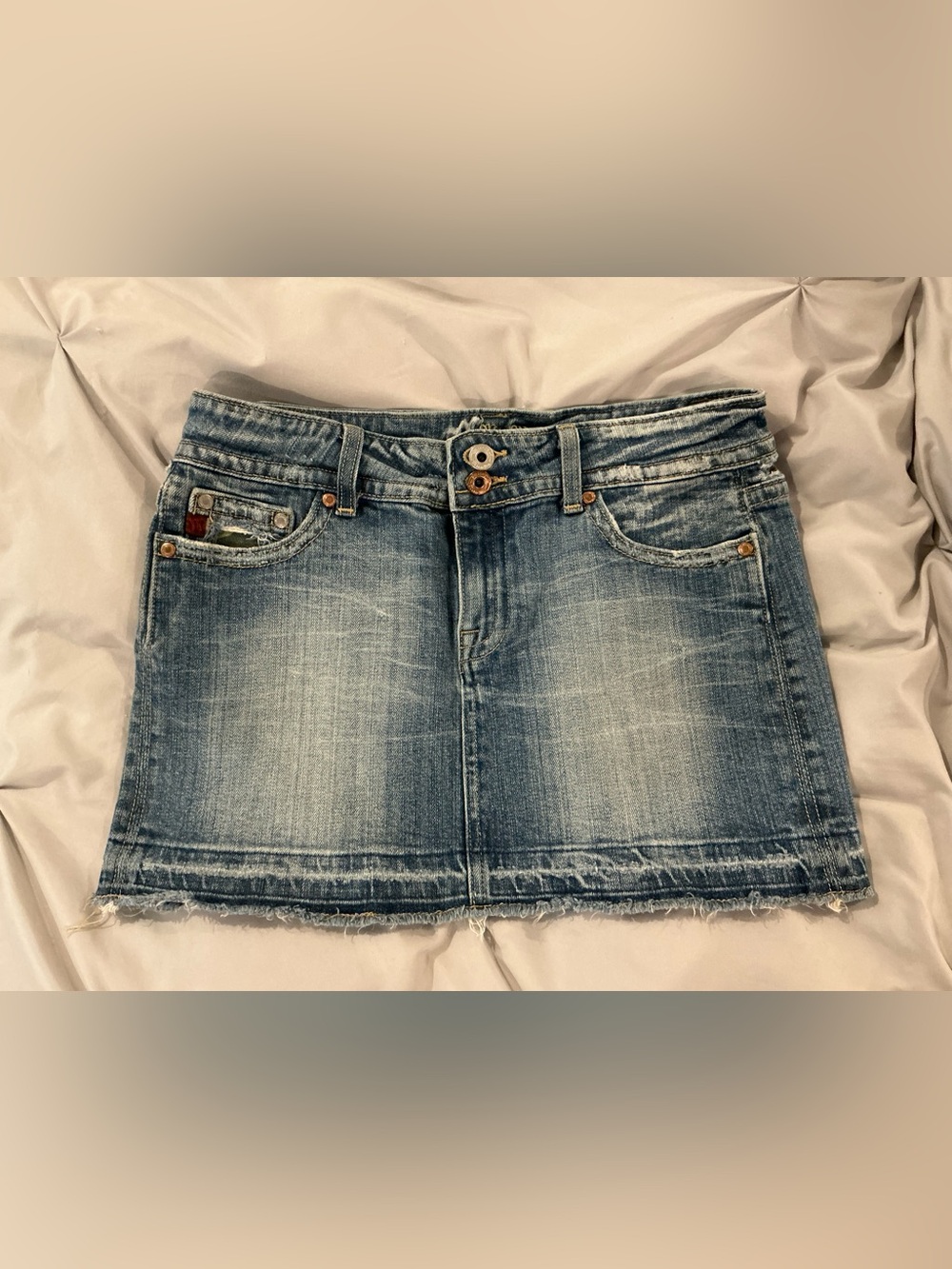 EUC - Miss Me Denim Mini Skirt with Camouflage  Pocket Accents - Size MED